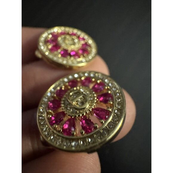 Christian Dior Stamped CD Authentic Magenta Crystals Medallion Stud Earrings - Picture 10 of 16